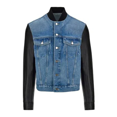 Ferragamo Leather Sleeve Denim Cotton Jacket In Blue