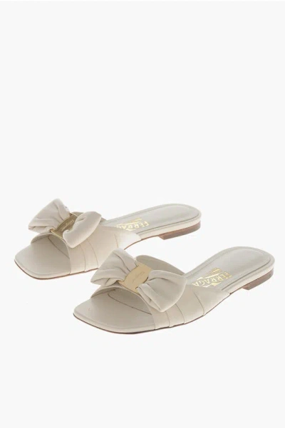 Ferragamo Leather Slide Sandals Lylas With Front Bow In Gray