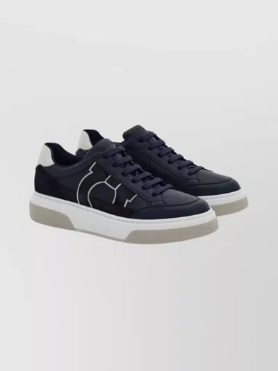 Ferragamo Leather Sneakers Suede Accents In Blue