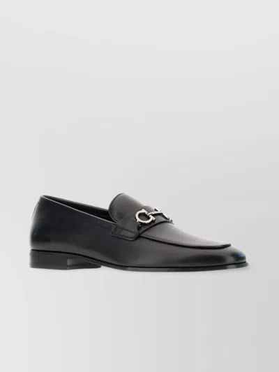 Ferragamo Leather Sole Metal Hardware Round Toe Loafers In Black
