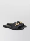 Ferragamo Leather Square Toe Flat Sandals With Gold Hardware
