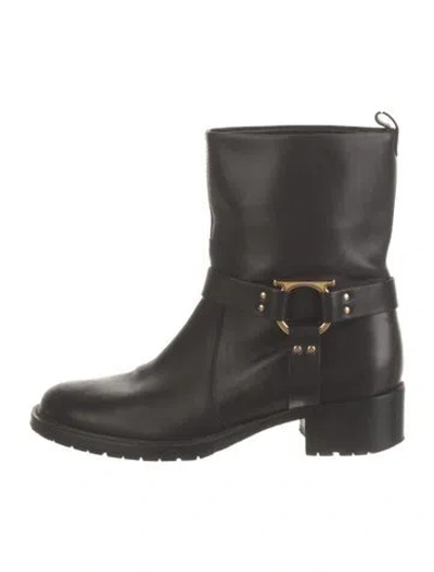 Pre-owned Ferragamo Leather Studded Accents Moto Boots In Black