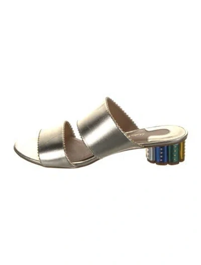 Pre-owned Ferragamo Leather Studded Accents Slides In Gold