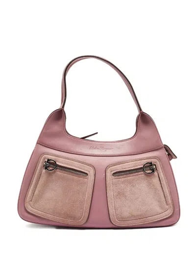 Pre-owned Ferragamo Leather-suede Gancini-pocket Shoulder Bag In Pink