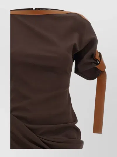 Ferragamo Leather Trim Asymmetric Draped Boat Neck Midi Dress In Brown