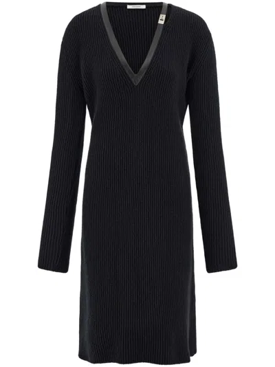 Ferragamo Leather Trim Knitted Dress In Black