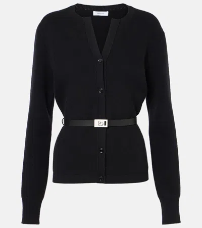 Ferragamo Leather-trimmed Belted Cardigan In Black