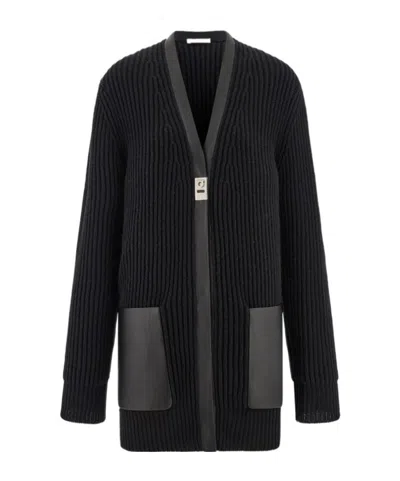Ferragamo Leather-trimmed Cardigan In Black