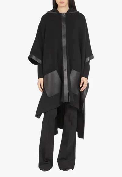 Ferragamo Leather-trimmed Poncho With Hood In Black