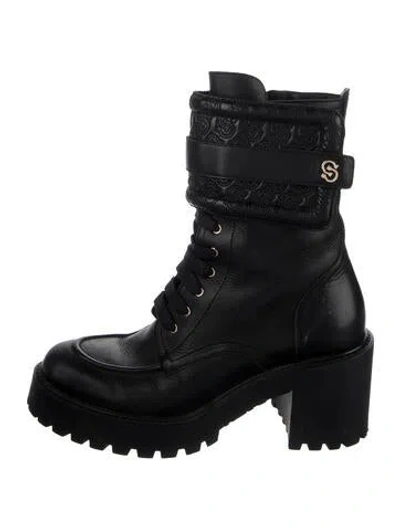 Pre-owned Ferragamo Leather Tweed Pattern Combat Boots In Black