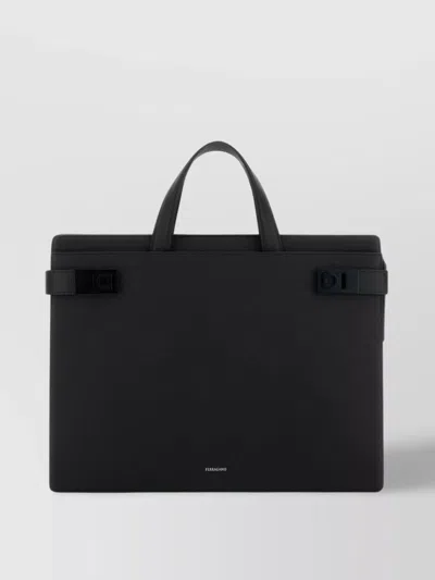 Ferragamo Leather Twins Top Handles Buckle Briefcase In Black