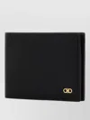 Ferragamo Micro Gancini Black Bi Fold Wallet With Logo In Hammered Leather Man
