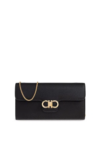 Ferragamo Leather Wallet On A Chain In Black