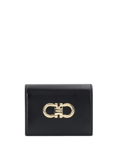 Ferragamo Leather Wallet With Iconic Gancini Detail In Black