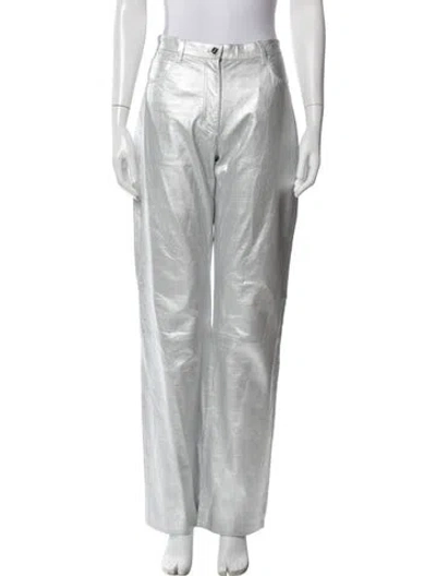 Pre-owned Ferragamo Leather Wide Leg Pants In Silver