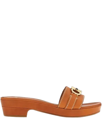 Ferragamo Leather With Stitched Trim Heeled Sandal In Brown
