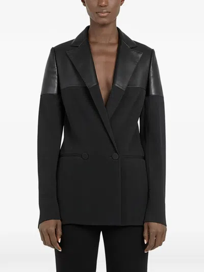 Ferragamo Leather-panelled Double-breasted Blazer In Black