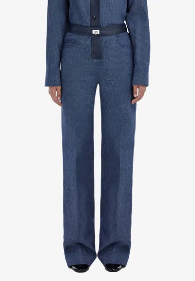 Ferragamo Leather-trimmed Wide-leg Jeans In Blue