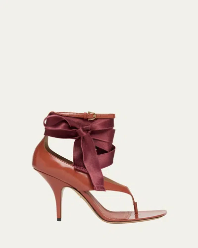 Ferragamo Leliu Leather Ankle-wrap Thong Sandals In Brown