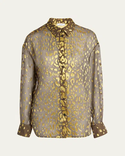 Ferragamo Leopard Devore Button-down Shirt In Brown