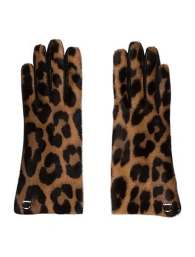 Pre-owned Ferragamo Leopard Print Calf Hair Leather Gloves W/tags In Brown