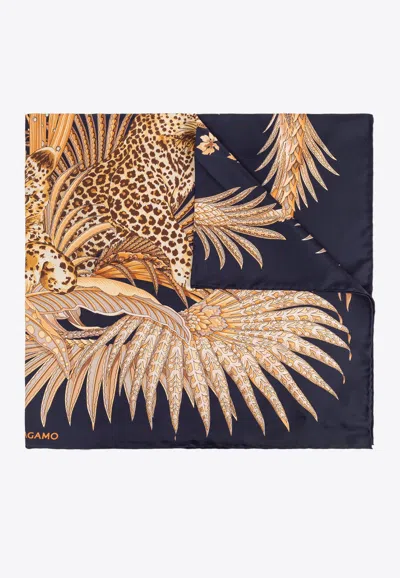 Ferragamo Leopard Print Silk Scarf In Blue
