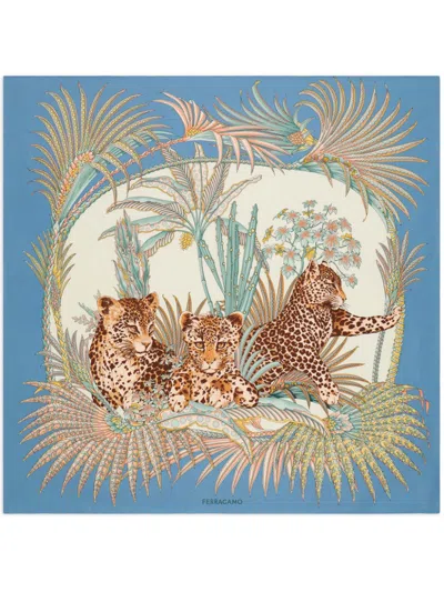 Ferragamo Leopard Print Silk Scarf In Blue