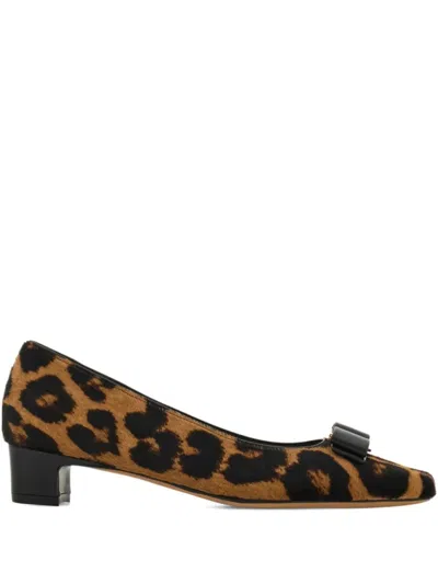 Ferragamo Leopard Print Slip On Pumps In Brown