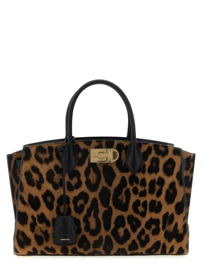 FERRAGAMO LEOPARD PRINT STUDIO LARGE TOTE