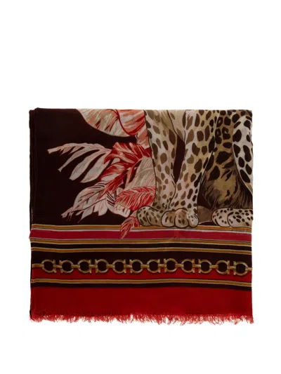 Ferragamo Leopard-print Fringed Scarf In Brown