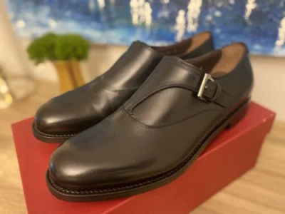 Pre-owned Ferragamo Liborio Tramezza Black Leather Monk Strap Men's Dress Shoes 10 D $1390