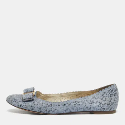Pre-owned Ferragamo Light Blue Laser Cut Leather Varina Ballet Flats Size 37.5