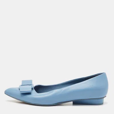 Pre-owned Ferragamo Light Blue Leather Viva Bow Ballet Flats Size 36.5