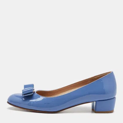 Ferragamo Light Blue Patent Leather Vara Bow Pumps