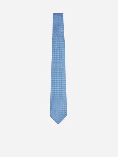 Ferragamo Light Blue Silk Gancini Print Tie In Gnawed Blue