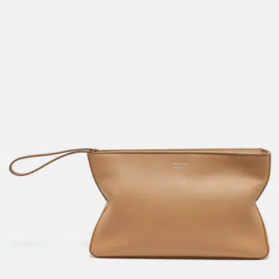 Pre-owned Ferragamo Light Brown Leather Zip Pouch