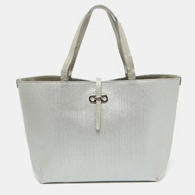 Ferragamo Light Grey Embossed Leather Bice Tote In Gray