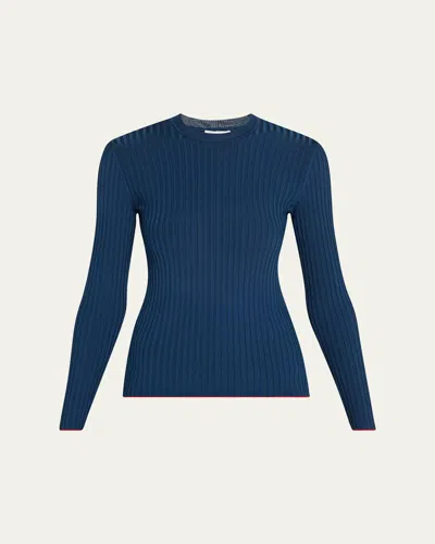 Ferragamo Lightweight Viscose Rib Sweater In Teal Blue
