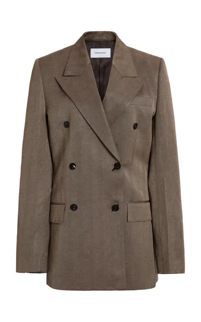 Ferragamo Linen-blend Double-breasted Jacket In Brown