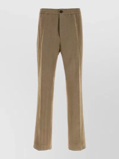 Ferragamo Linen Blend Straight Leg Button Trousers In Brown