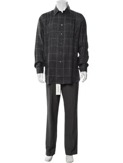 Pre-owned Ferragamo Linen Plaid Print Dress Shirt In Grey