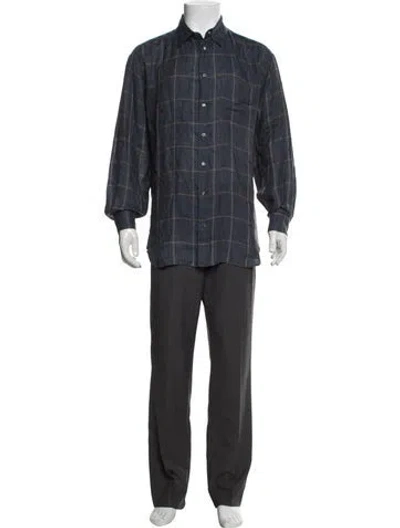 Pre-owned Ferragamo Linen Plaid Print Shirt In Blue