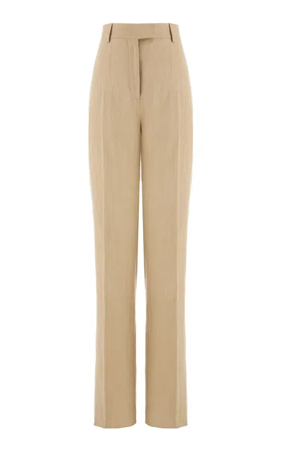 Ferragamo Linen Toile Straight-leg Pants In Khaki