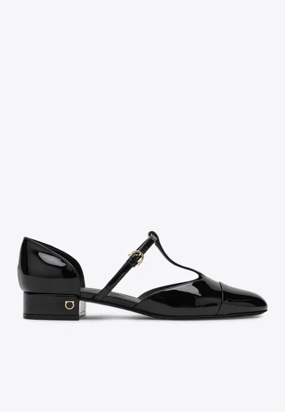 FERRAGAMO LINETTE T-STRAP BALLET FLATS IN PATENT LEATHER