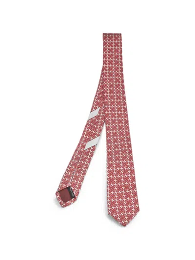 Pre-owned Ferragamo Link-print Skinny Tie In Red