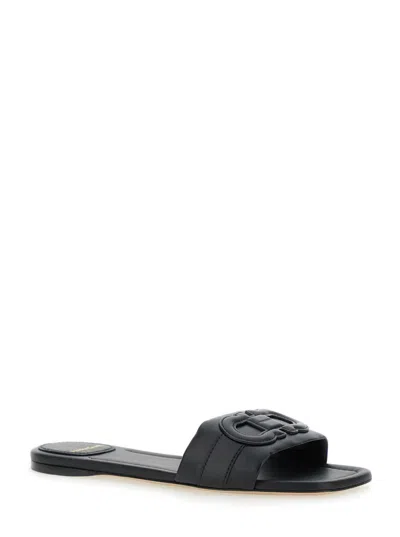 FERRAGAMO 'LISS' BLACK SANDALS WITH EMBOSSED LOGO ON THE BAND AND SQUARE TOE IN LEATHER WOMAN