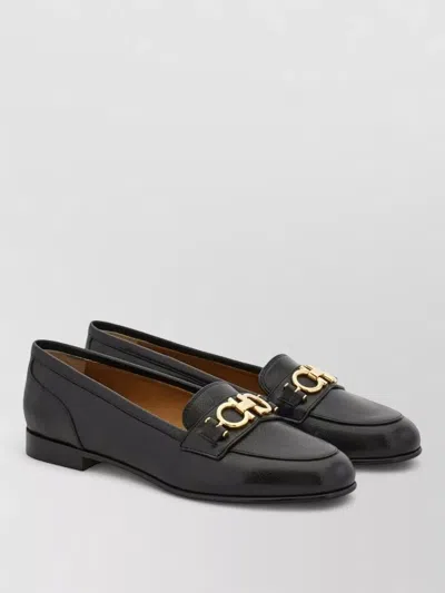 Ferragamo Loafers Lace Up Round Toe Gold Hardware In Black