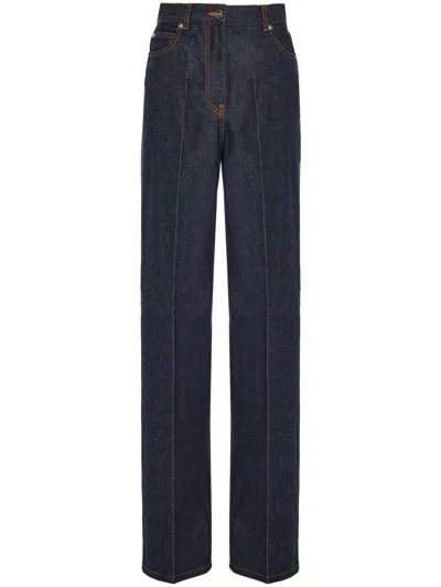 FERRAGAMO LOGO-APPLIQUÉ CONTRAST-STITCHING WIDE-LEG JEANS