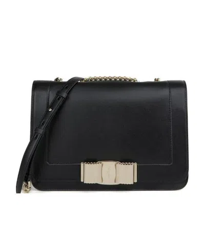 Ferragamo Logo Bow Shoulder Bag In Black