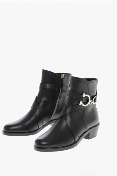 Ferragamo Logo Buckle Shady Leather Booties 4cm In Black